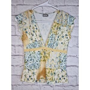VTG Y2K Rave Patchwork Lace Top Cami Cap Sleeve Blue Yellow Cottagecore Sz S M